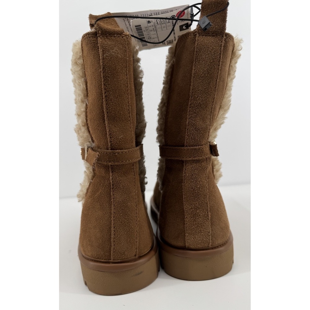 ZARA NWT Cozy Shearling Lined Suede Ankle Boots Chestnut Brown Moto Buckle Sz 9 - Picture 7 of 15